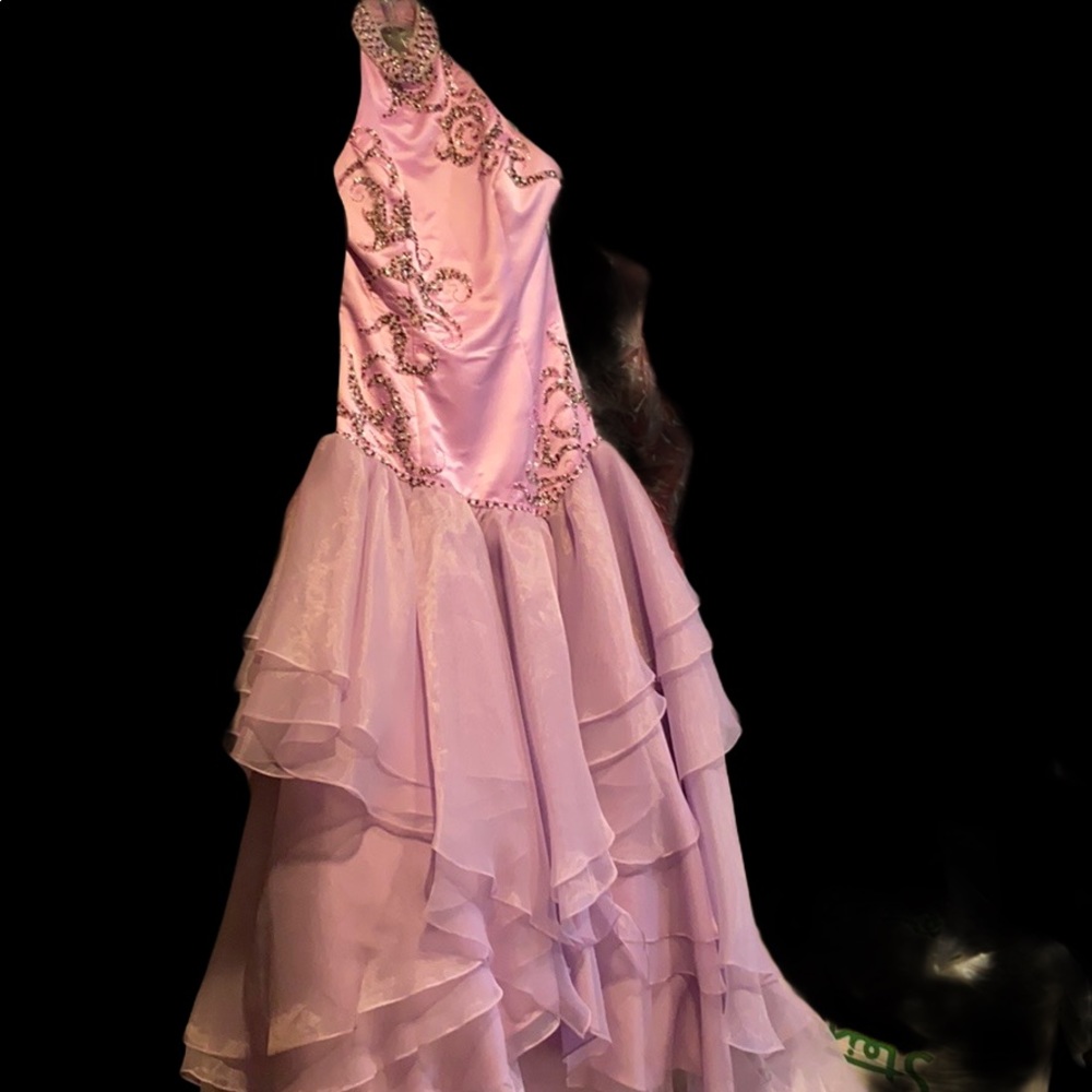 High low beaded and ruffled tired purple gown